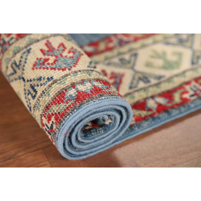 Light Blue Kazak Foyer Rug Hand-Knotted Geometric Wool Carpet - 2'9" x 4'1"
