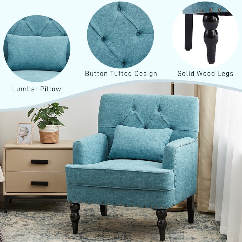 Set of 2 Arm Chair Upholstered Button Tufted Accent Chair with Lumbar Pillow Beige/ Grey/ Light Blue