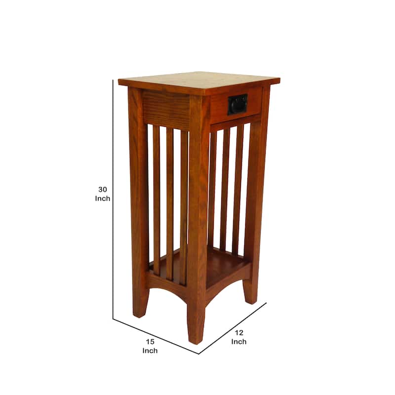 Wooden Pedestal Stand with 1 Drawer and Open Bottom Shelf, Oak Brown