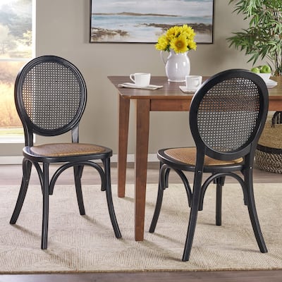 Set of 2 Dining Chair with Wicker Back and Wood Legs