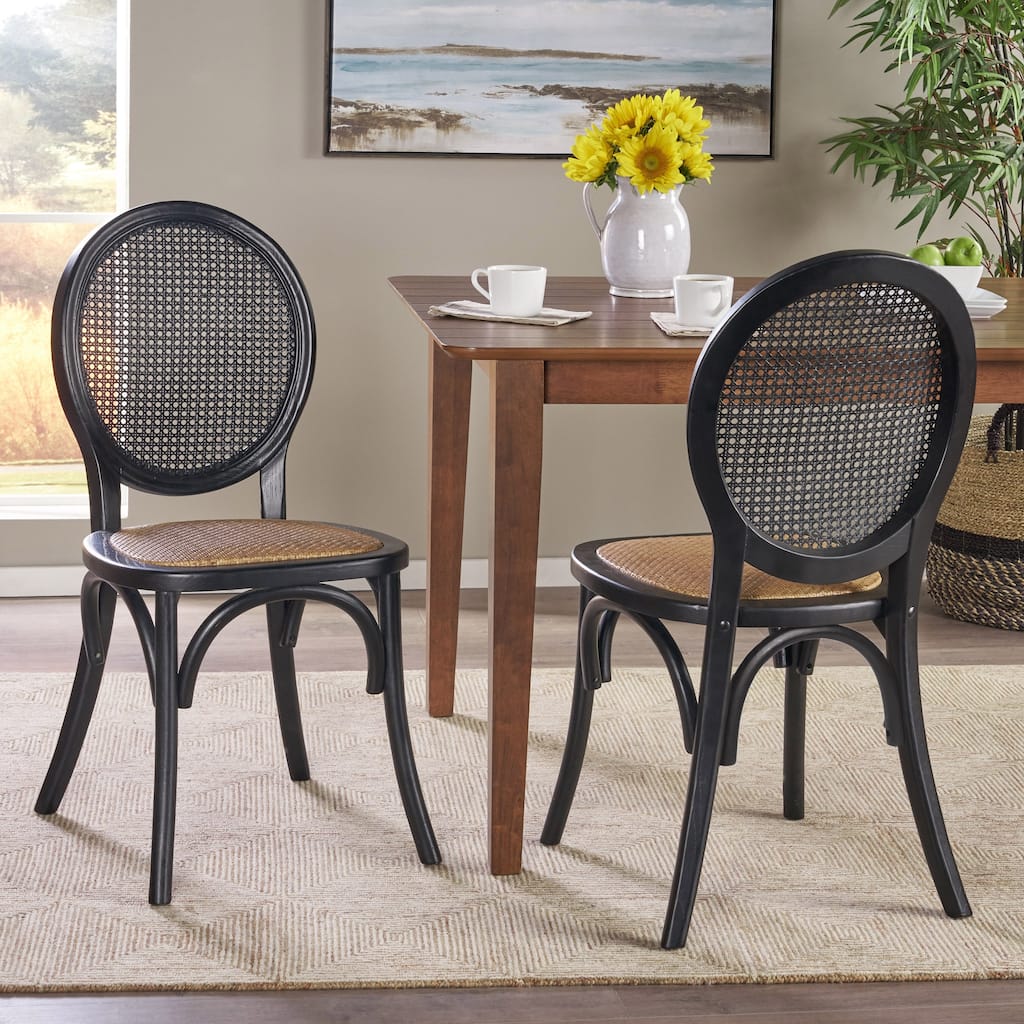 Set of 2 Dining Chair with Wicker Back and Wood Legs