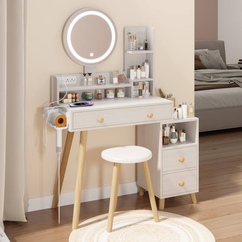 Makeup Vanity Table Set with 3 Colors LED Mirror