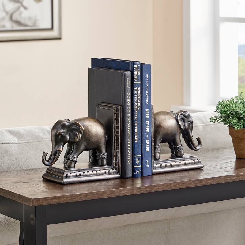 Danya B. Ornate Elephants Polyresin Bronze Patina Finish Bookend Set of 2