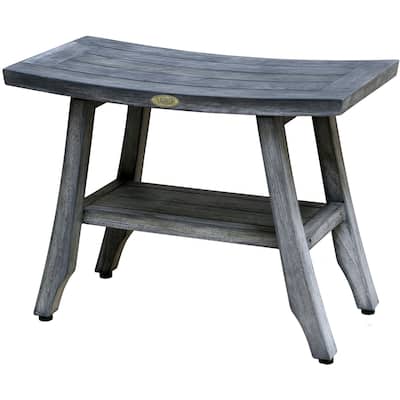 CoastalVogue Satori Antique Gray Teak Wood Shower Bench with Curved Seat and Shelf 24-inches Wide x 18-inches high