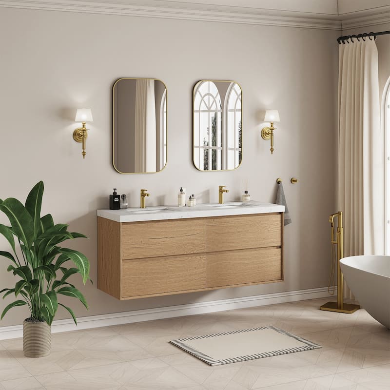 Sylphar 60 inch Bathroom Vanity with Sink, Floating Oak Cabinet with Stone Top