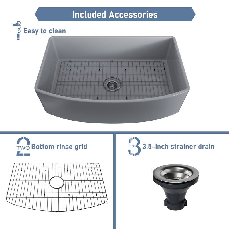 All-in-One Fireclay Curved Design Single Bowl Farmhouse/Apron-Front Kitchen Sink with Pull Down Kitchen Faucet and Accessories