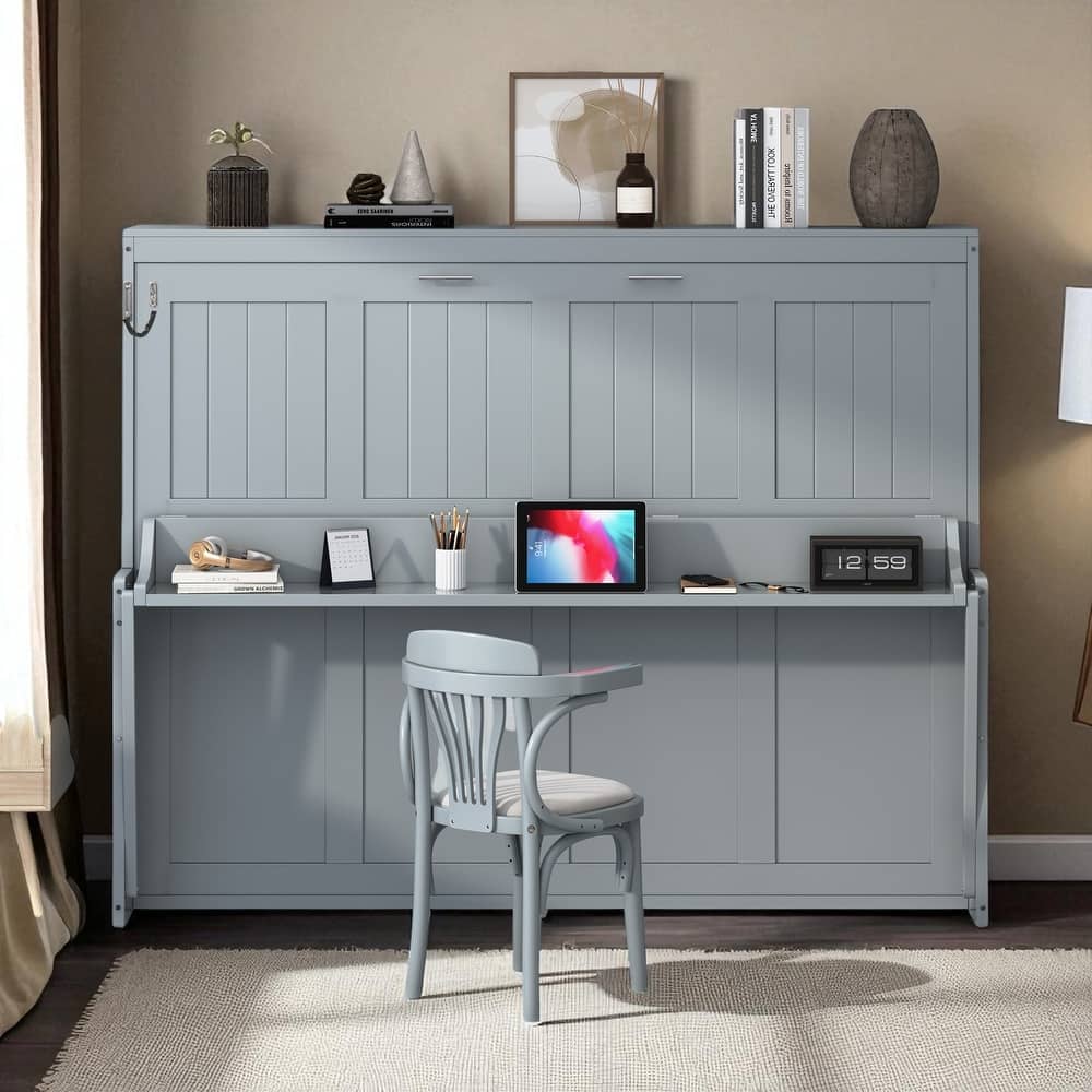 Full/Queen Murphy Wall Bed with Desk, Hydraulic Lift, 600 lb Capacity, 10 in Mattress, Space-Saving Home Office