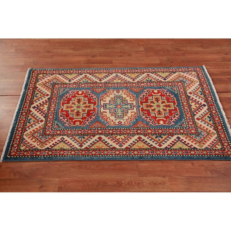 Blue Kazak Foyer Rug Hand-Knotted Traditional Wool Carpet - 2'8"x 4'1"