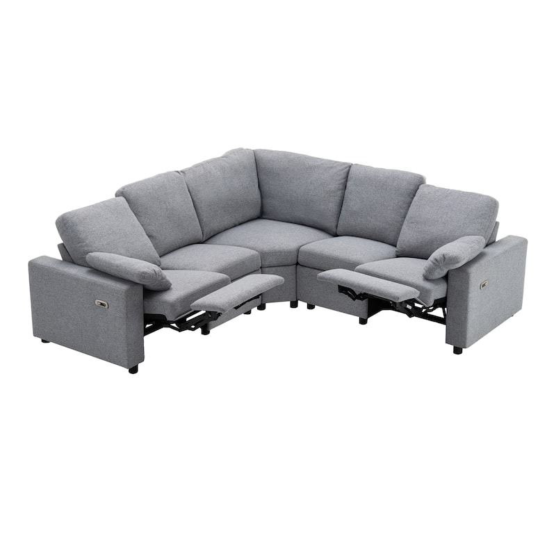 88.9" Linen Power Recliner Sectional 5-Seat Sofa with USB Ports and Storage Drawers