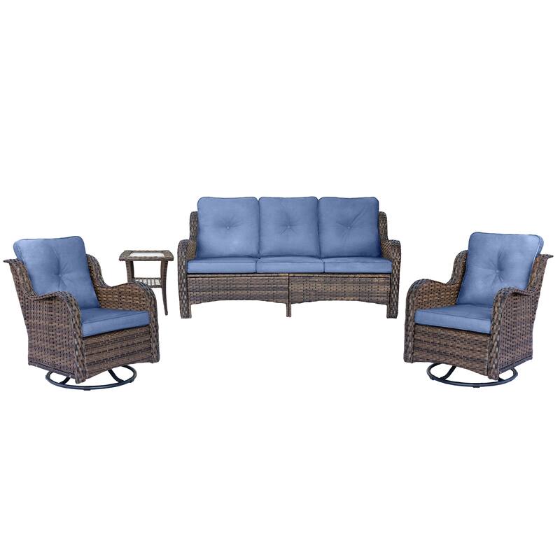High Back 4-Piece Outdoor Wicker Patio Furniture Seating Sofa Set with Swivel Chairs