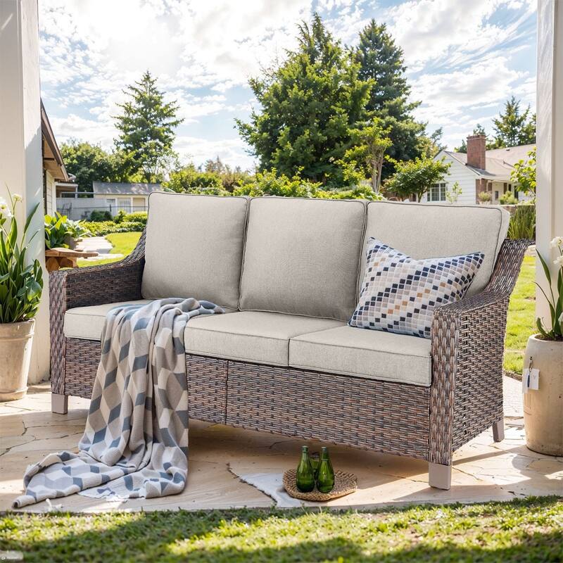 Outside Patio Sofa Chair Set with Cushions - Brwon Wicker Beige Cushion - Only 3-Seat Sofa