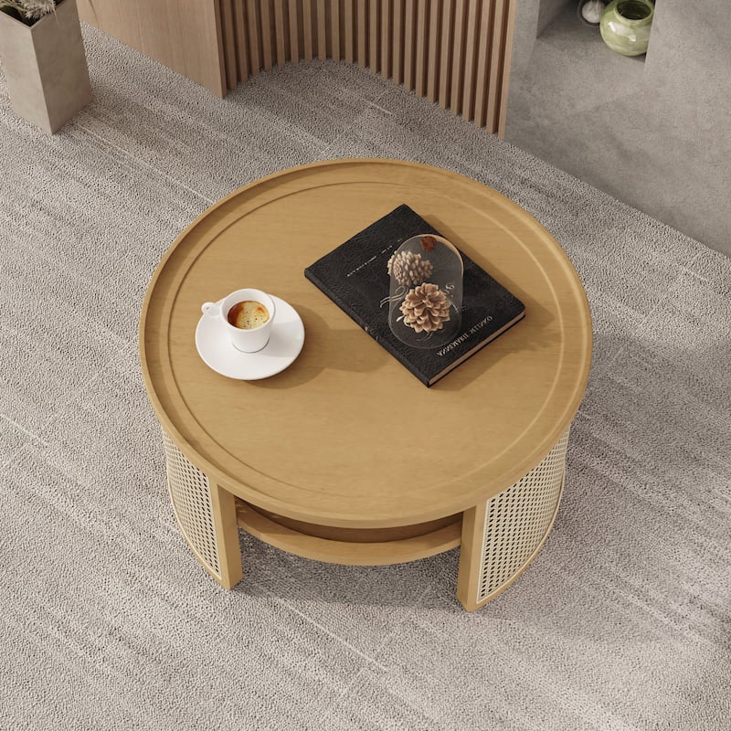 2-Tiered Round Walnut Wood Coffee Table