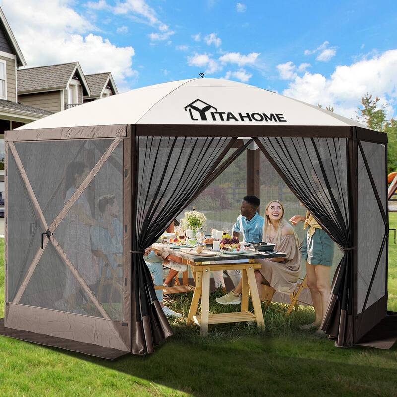 Outdoor 6-Sided Hexagon Pop-up Party Tent with Mesh Netting Walls
