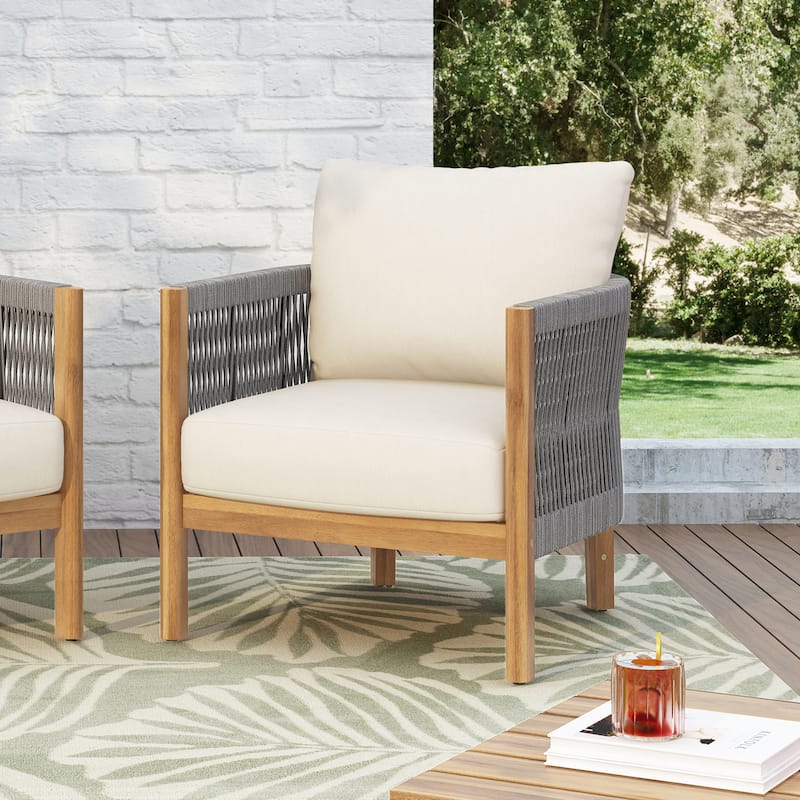 Christopher Knight Home - Valencia Acacia Wood Patio Club Chair with Woven Rope Accents - 1-Piece - Teak + Grey + Beige
