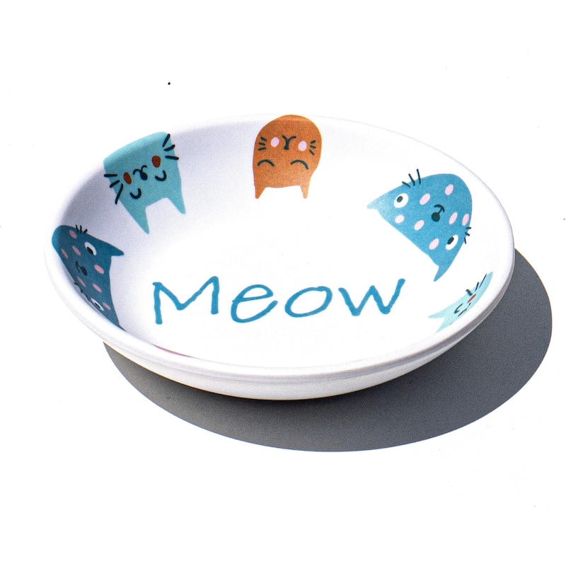 Abode Homewares Cat Meow Melamine Pet Saucer - 0.75 Cups - White - Set of 2