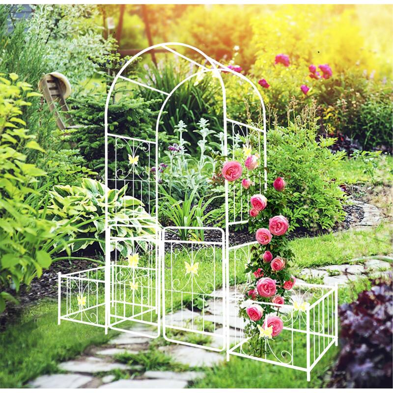 86.6'' H x 79.5'' W Patio Metal Garden Arch Trellis w/Gate，Climbing Plant Support，Anti-Rust Coating - 86.6'' H x 79.5'' W - 86.6'' H x 79.5'' W - White