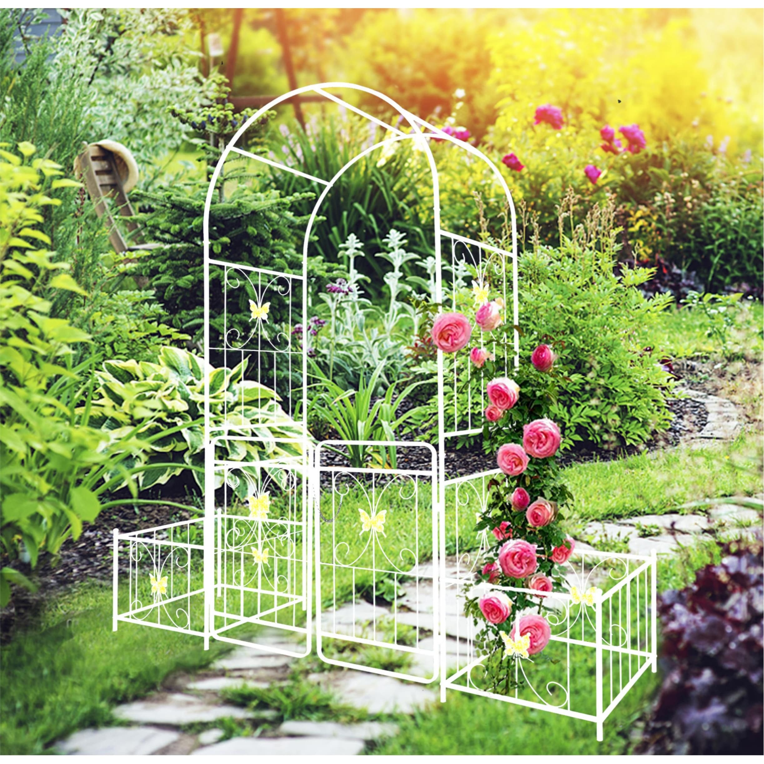86.6'' H x 79.5'' W Patio Metal Garden Arch Trellis w/Gate，Climbing Plant Support，Anti-Rust Coating - 86.6'' H x 79.5'' W