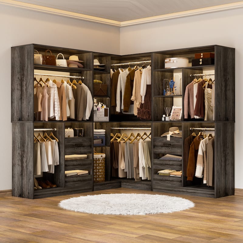 Qvella 72"-108" Closet System with Drawers and Hanging Rods,Freestanding Walk-in Closet Organizer System Wardrobe Closet Tower