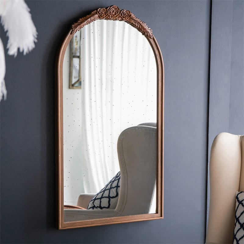 Hand Carved Rose Antique Mirror Frame,Wood Arch Mirror Wall Decor