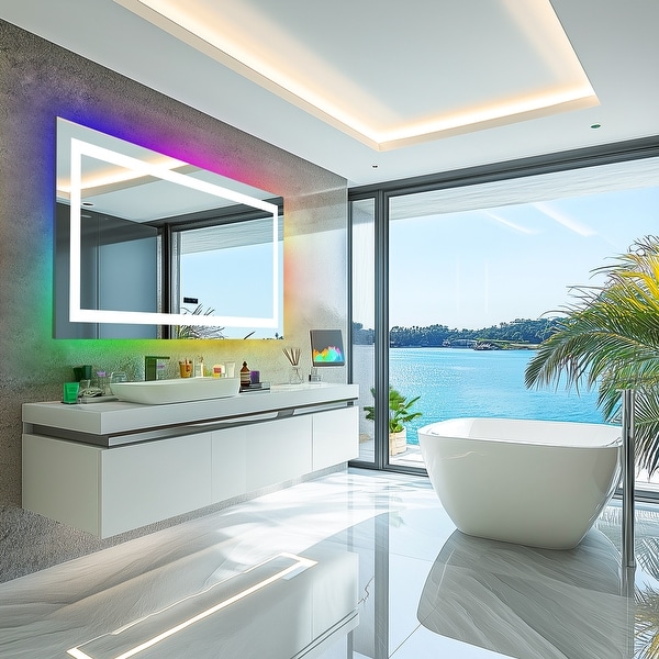 Smart Colorful RGB LED Illuminated Fog free Extra Large Bathroom Mirror with Bluetooth Speakers Digital Display
