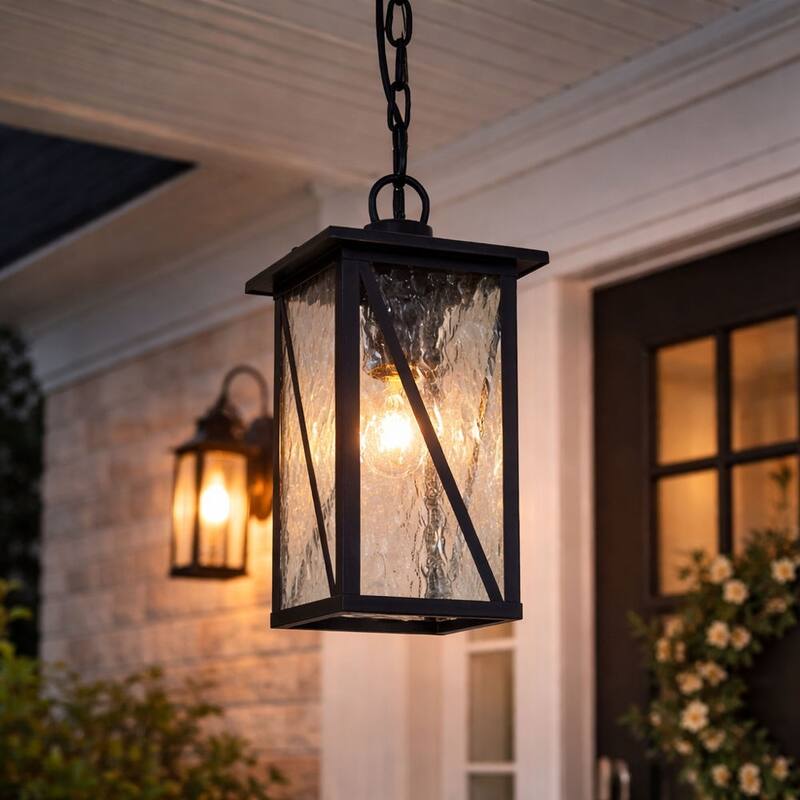 1 Light Outdoor Hanging Lantern in Clear Water Glass and Black Finish - 12.6"H x 6.3"W x 6.3"D