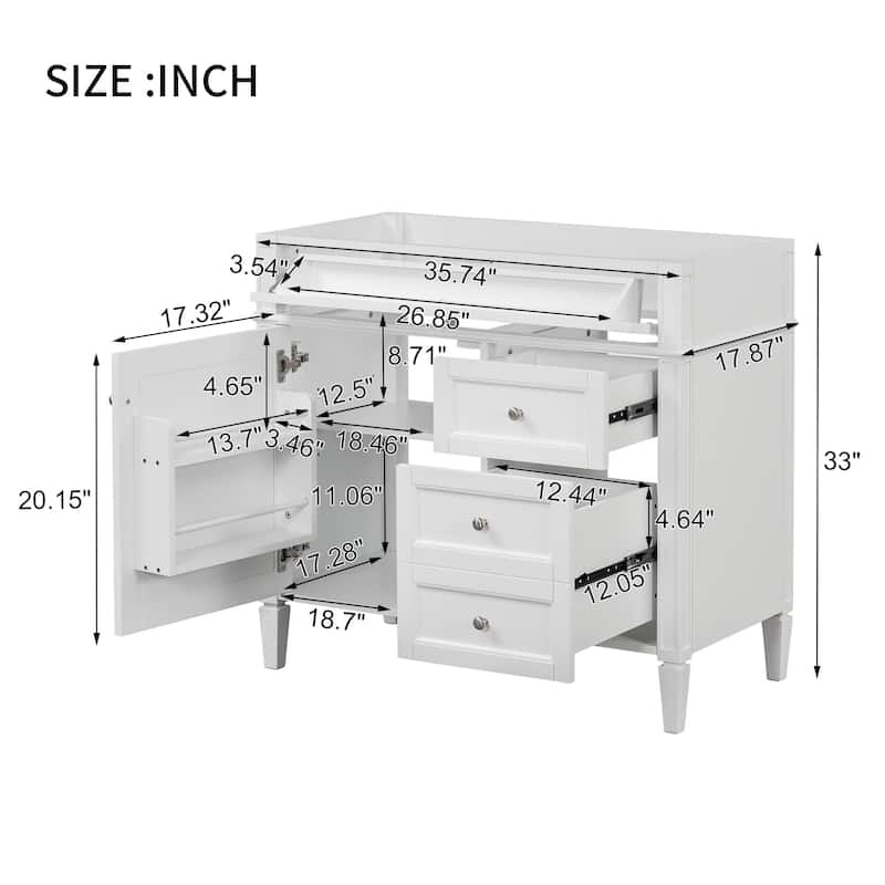 35.74-Inch Modern Bathroom Vanity with 3 Drawers, Tip-Out Drawer, Adjustable Shelf, and Exquisite Roman Leg Design