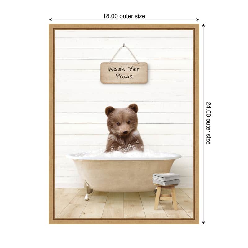 Kate and Laurel Sylvie Bear Cub in Modern Bathtub Wash Your Paws Framed Canvas by Amy Peterson