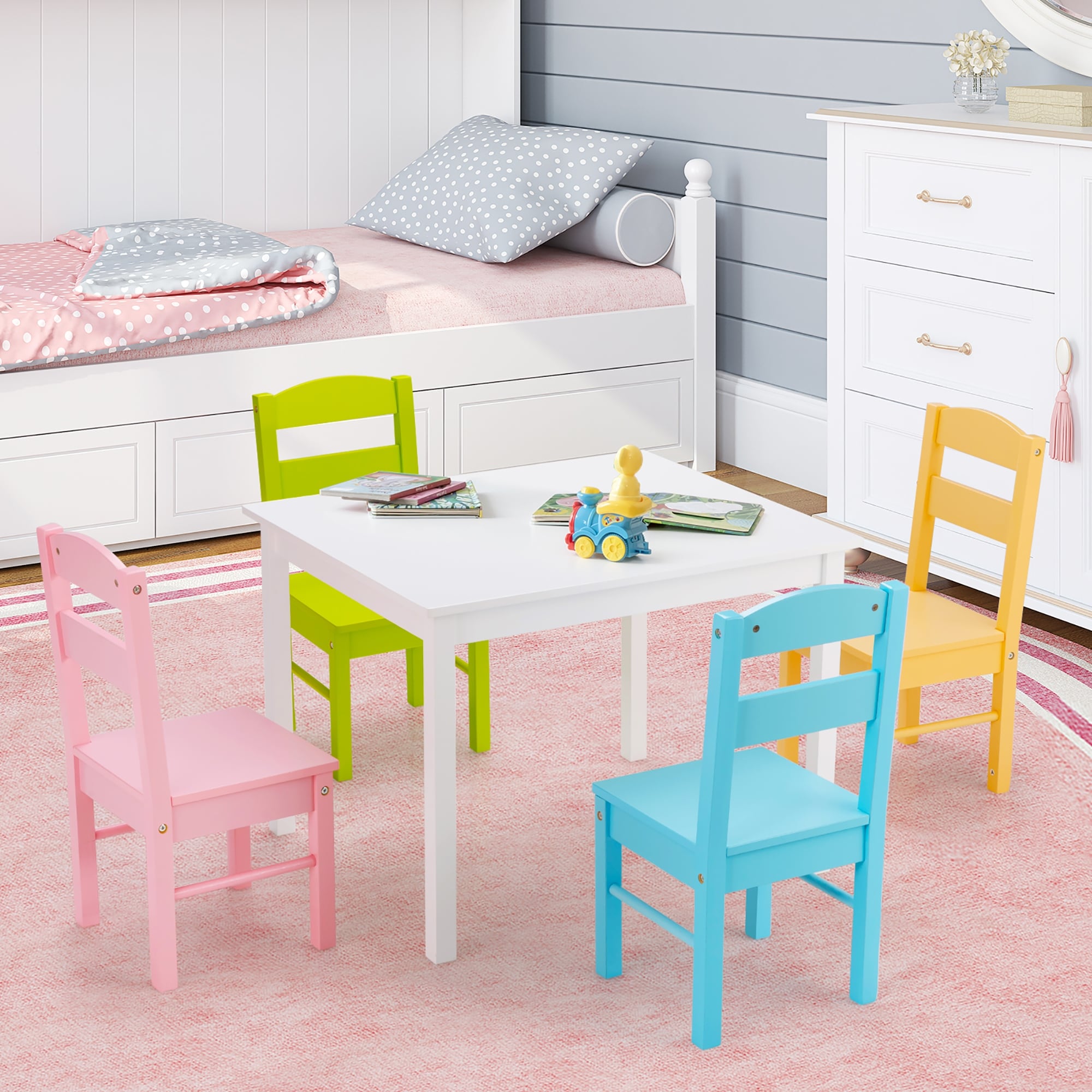 Costway 5 Piece Kids Wood Table Chair Set Activity Toddler Playroom Furniture Colorful