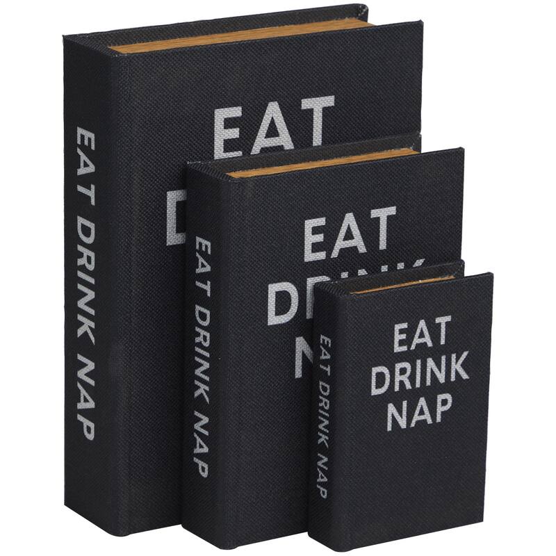 Faux Leather or Linen Fabric Book Storage Box - Set of 3 White, Beige, Black, Red or Light Gray - Roche River Decor - Black - "Eat Drink Nap" Text Cover