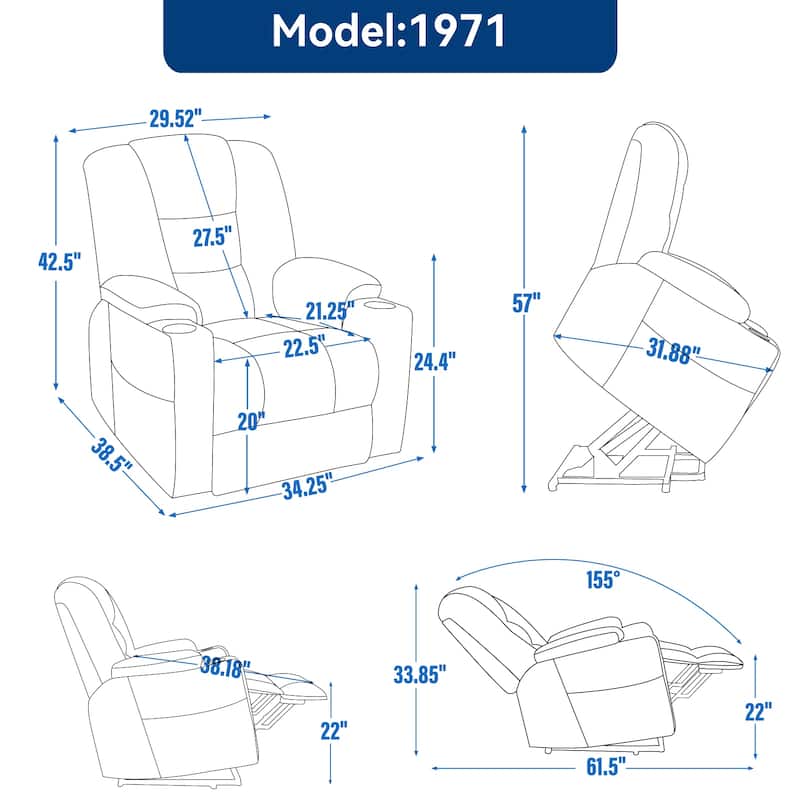 Power Lift Recliner Chair with Massage & Heat, Heavy Duty Electric Recliner, Recliner Chair with USB Ports & 2 Cup Holders