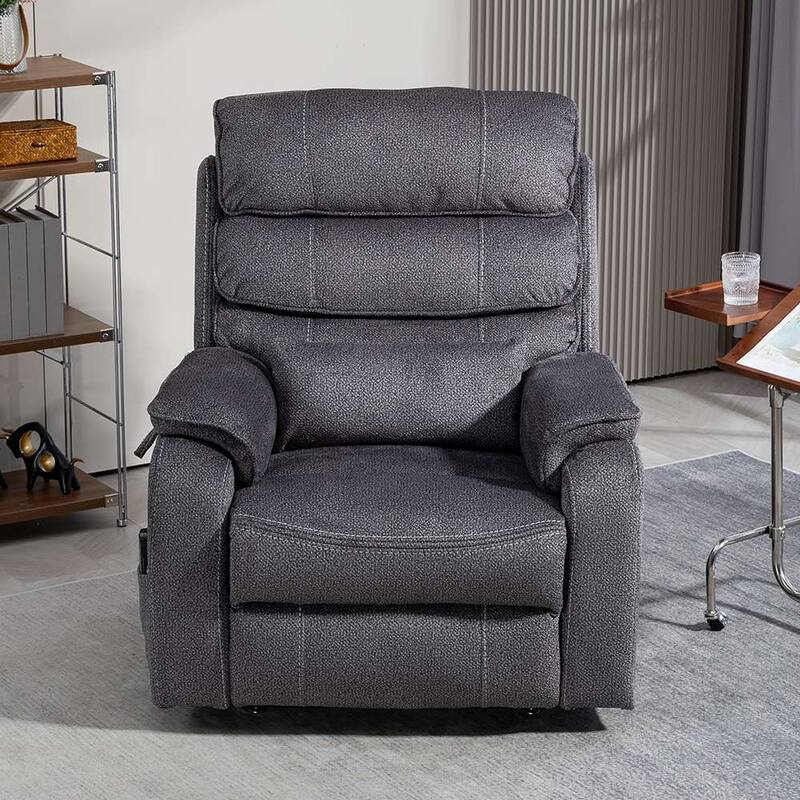 Dual Motor Oversized 180° Lay Flat Chenille Power Lift Recliner Chair with Retractable Tray, Wireless Charge - Grey