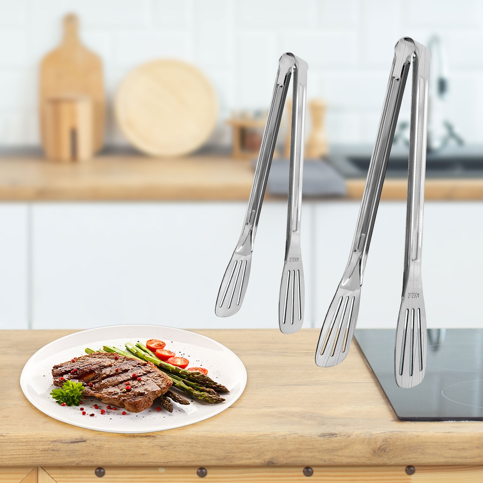 Spring Chef - Tongs For Cooking, Grilling, Bbq and Steak, Pasta and Salad  Tongs, Stainless Steel and Silicone-Tipped Kitchen Tongs, 2-Piece Set, 12