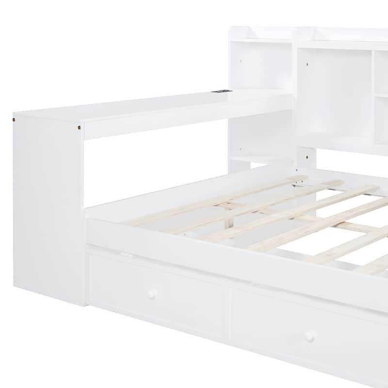 Full Size Daybed with USB Ports and Desk Modern Wooden Storage Bed Frame with 3 Drawers for Guest Room, Bed Room