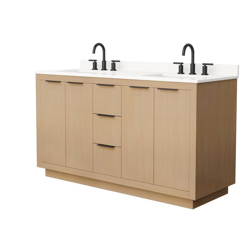 Maroni 60-inch Double Vanity, 3 Hole Quartz Top - Light Straw, Black Trim, White Quartz Top