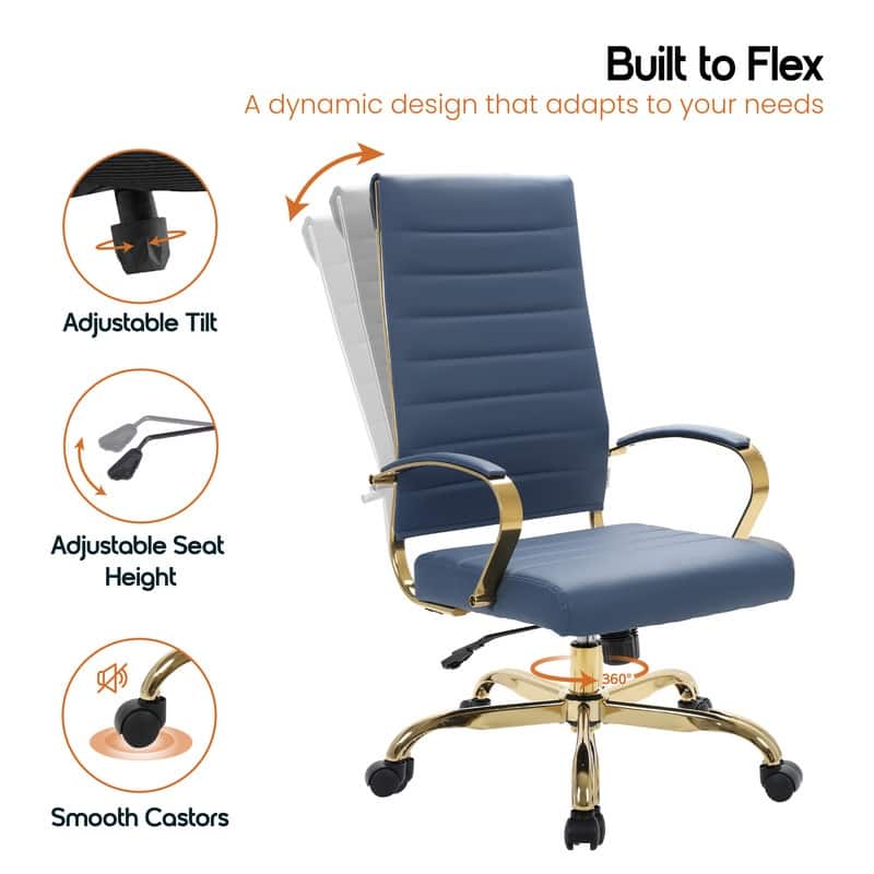 Benmar Ergonomic Ribbed Back Gold Frame Leather Executive Office Chair with Adjustable Height, Tilt, Swivel & Smooth Casters