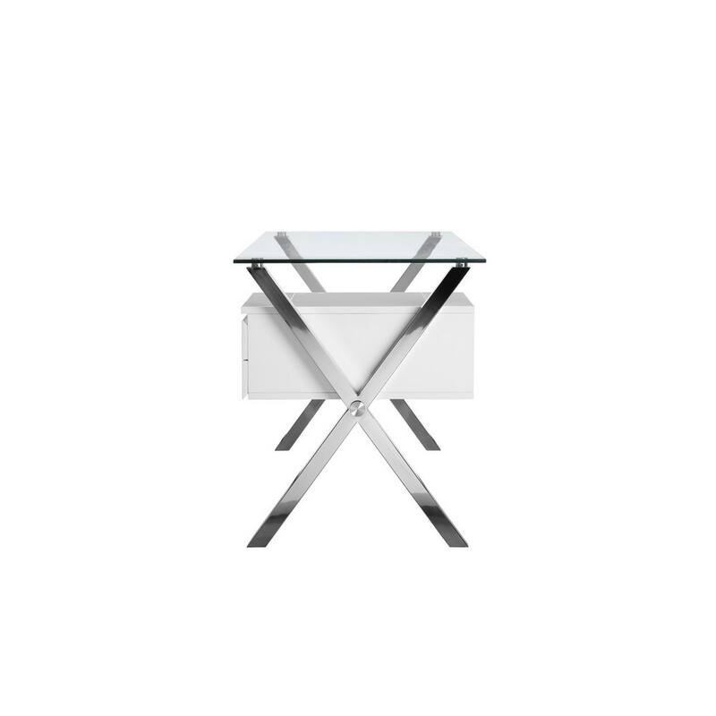 Tia 51 Inch Small Office Desk, Glass Tempered Top, 2 Drawers, White Finish