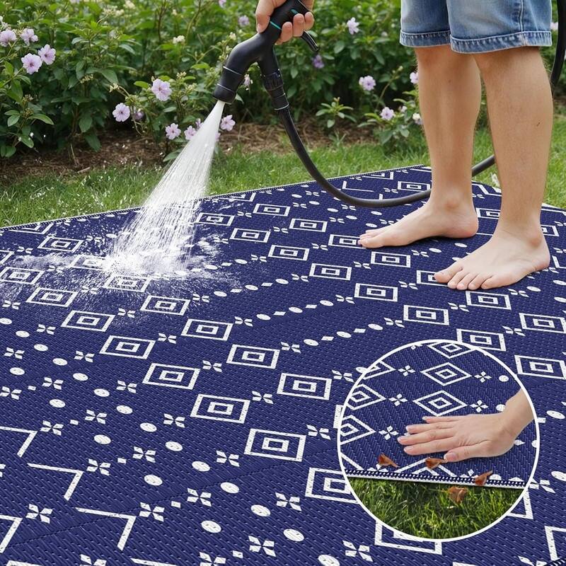 8' x 10' Reversible Outdoor Rug – Waterproof Plastic Straw Mat Blue