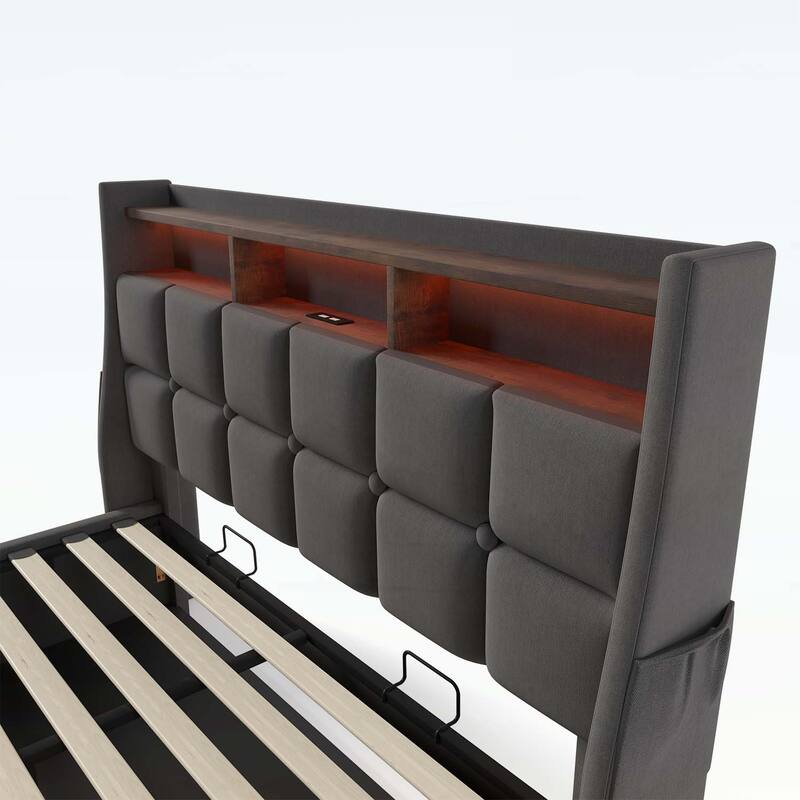 Vintage Design Platform Bed with Hydraulic Storage,LED, and USB Charging,(Mattress Not Included)