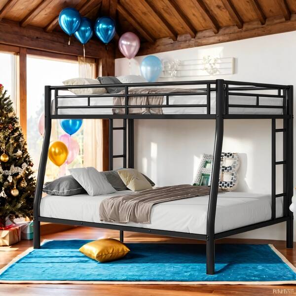 slide 2 of 33, Kid Bed Frame Full XL over Queen Metal Bunk Bed with Ladder and Safety Guardrails Black
