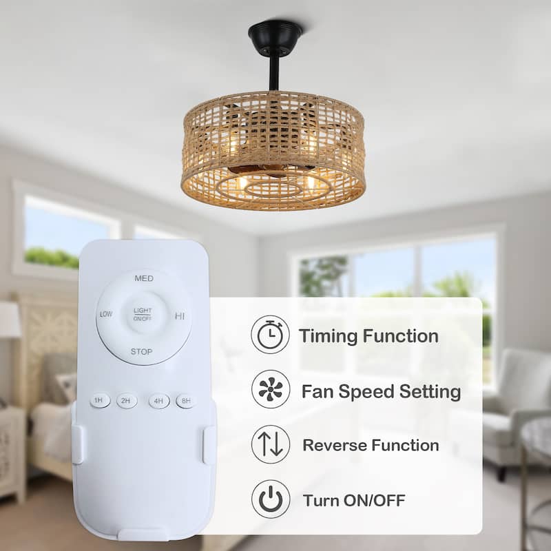 Bella Depot 18" Rustic Ceiling Fan, Rope Woven Caged Ceiling Fan with Light and Remote for Dining Room Bedroom - 18 Inches