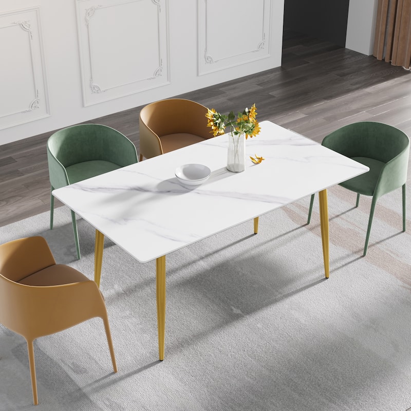 71" Modern Dining Table with Rectangular Marble Tabletop,Carbon Steel Legs - White&Gold