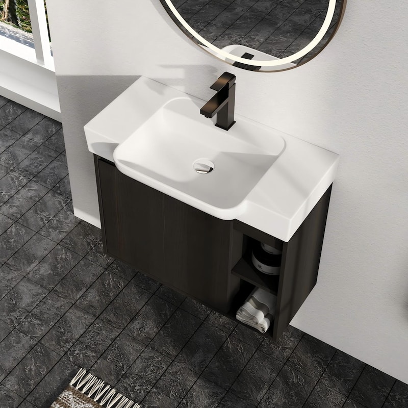 Malwee 24"/28" Floating Bathroom Vanity,Wall Mounted Bathroom Vanity with Ceramic Sink and Soft Close Door - Black - 28"×15"
