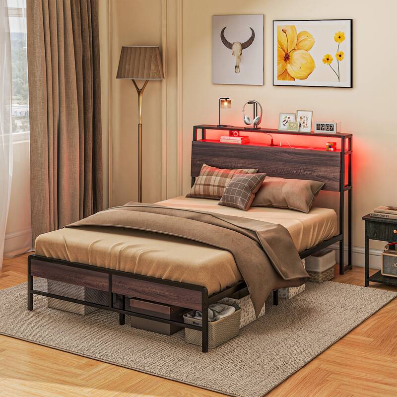 Full Size LED Bed Frame with Charging Station, Storage Shelf, and Noise-Free Steel Slats, Easy Assembly, No Box Spring Needed