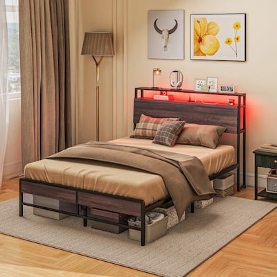 Full Size Platform Bed with LED Headboard, Charging Ports, 3-Tier Storage Shelf & Underbed Space, Sturdy Steel Frame with Slats
