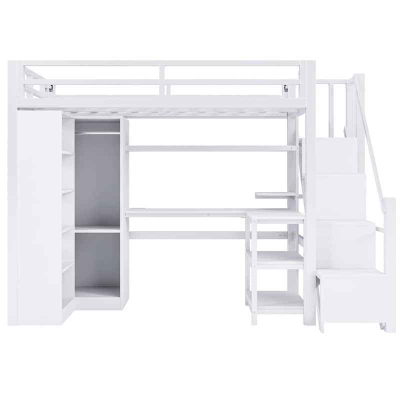 Loft Bed with Desk, USB Ports, 5-Layer Shelf, Space-Saving Metal Loft Bed Frame with Wardrobe and Stairs, Easy Assembly