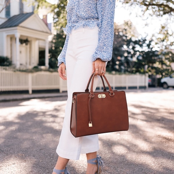 Dasein Vegan Leather Padlock Twist Lock Satchel Handbag with Wristlet. Opens flyout.