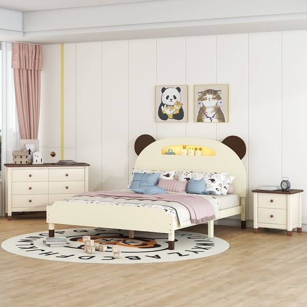 slide 2 of 17, 3-Pieces Bedroom Sets Kids Platform Bed with Nightstand & Storage Dresser, Kids Bed with Motion Activated Night Lights, Cream Cream - Full