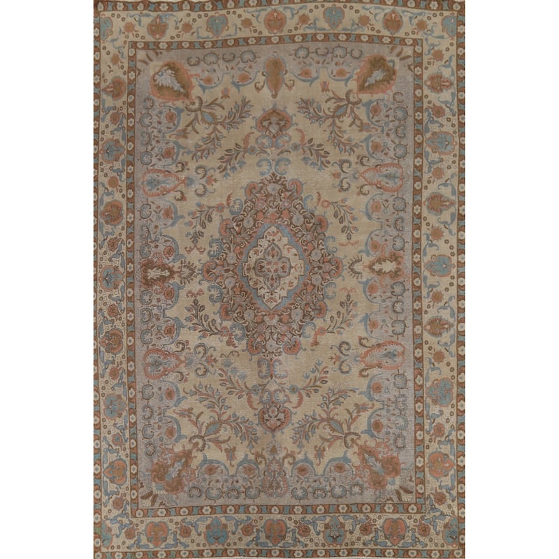 Distressed Floral Tabriz Persian Vintage Area Rug Handmade Wool Carpet - 9'4"x 12'10"