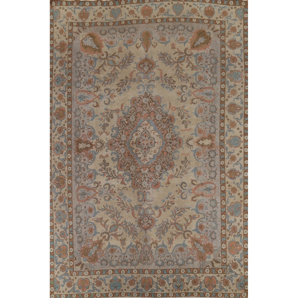 Distressed Floral Tabriz Persian Vintage Area Rug Handmade Wool Carpet - 9'4"x 12'10"