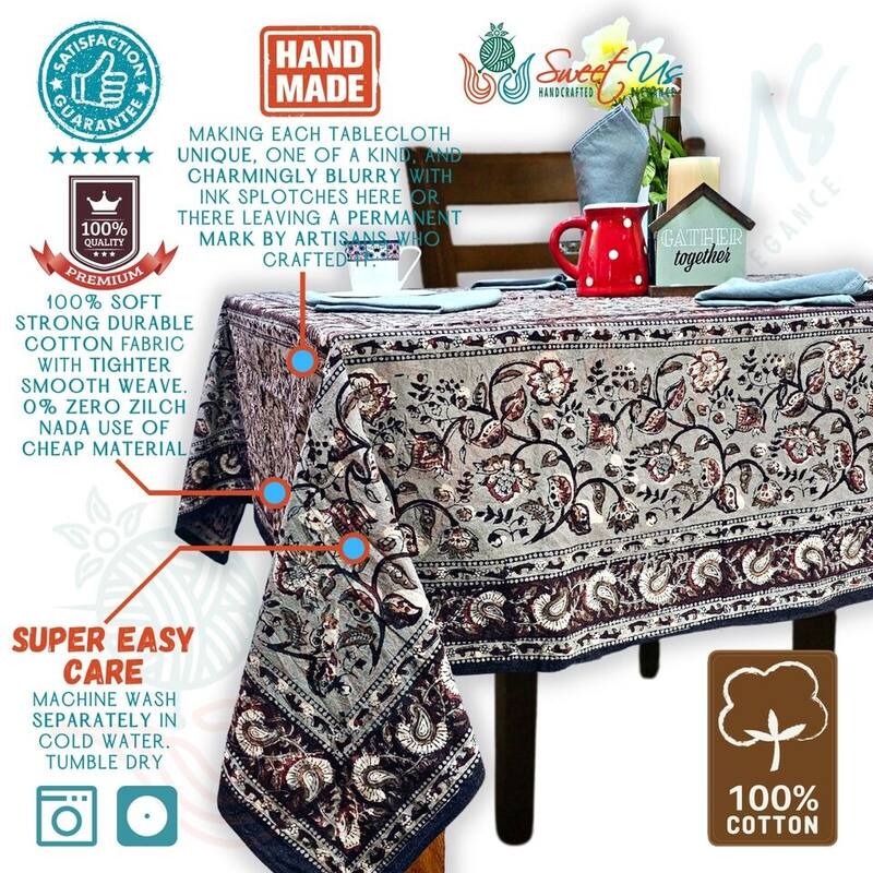 Earthen Vintage Floral Block Print Cotton Tablecloth Collection
